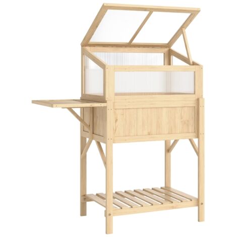 AS EASY Potager surélevé avec châssis froid en bois, jardinière avec serre intégrée, pliable, table d'appoint, compartiment de rangement, bois naturel (1/5)