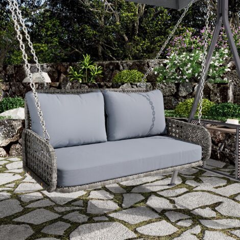 AS EASY Balancelle double suspendue en rotin PE, pour le jardin, avec coussins et 2 chaînes (240 cm chacune), sans structure, coussins déhoussables et lavables, charge maximale 320 kg, gris (1/5)