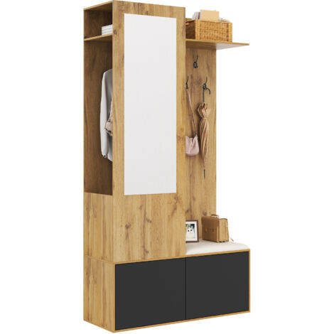 AS EASY L'ensemble de rangement comprend 5 crochets pour vêtements, un miroir, un meuble à chaussures, une étagère supérieure avec un espace de rangement dissimulé pour les vêtements suspendus et un b (1/5)