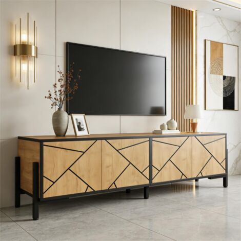 AS EASY Meuble TV 153 x 40 x 50 cm, meuble bas, support TV avec 4 portes, design géométrique contrasté, convient aux téléviseurs d'environ 65 pouces, couleur bois naturel avec lignes noires. (1/5)