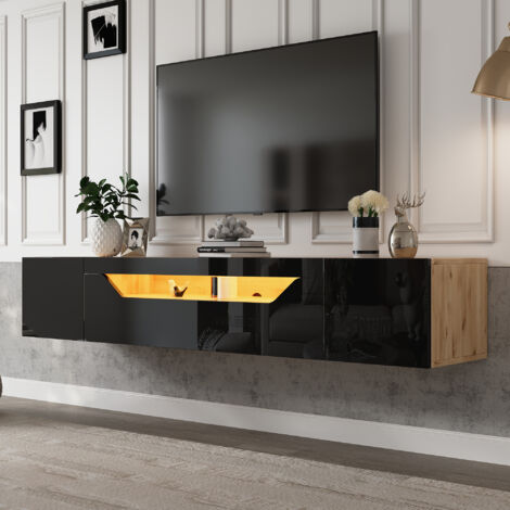 AS EASY Meuble TV 180 x 37 x 36 cm avec 3 compartiments de rangement, meuble bas mural suspendu, finition laquée brillante avec éclairage LED, table TV, compatible avec les téléviseurs jusqu'à 75 pouc (1/5)