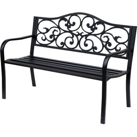 AS EASY Banc de jardin 3 places en acier avec accoudoirs en fonte, noir, 127 x 60 x 89 cm, pour jardin, terrasse, balcon (1/5)