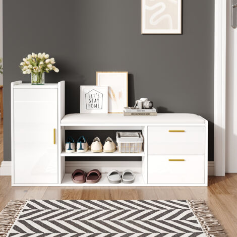 AS EASY Meuble à chaussures/étagère à chaussures 128 x 30 x 68 cm avec 2 tiroirs et 1 placard, banc à chaussures laqué brillant avec revêtement et espace de rangement, idéal pour le salon, l'entrée ou (1/5)