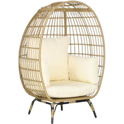 AS EASY Fauteuil en rotin, forme panier avec coussin d'assise, chaise de jardin surélevée pour balcon ou terrasse, métal, kaki, 105 x 97 x 150 cm (1/5)