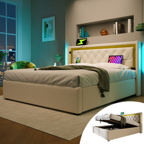 AS EASY Lit rembourré avec éclairage LED, lit double avec rangement, coffre de lit avec fonction de chargement USB Type C, tête de lit, lits coffres, cadre de lit en coton, lit junior 140x200 avec som (1/5)