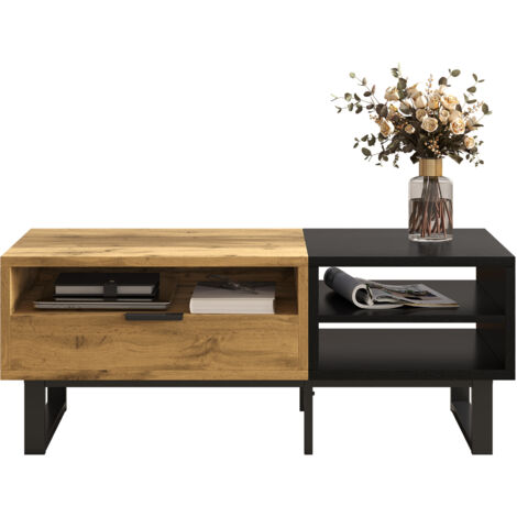 AS EASY Table basse, table de salon avec structure color block, avec compartiments et tiroirs, pieds en métal. (1/5)