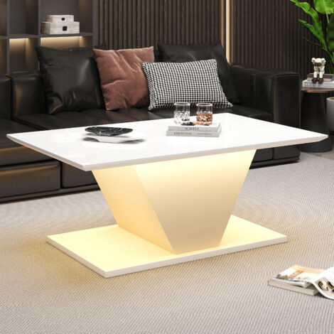 AS EASY Table basse 100 x 50 x 46 cm, forme originale, avec éclairage LED, finition laquée brillante, idéale pour les petits espaces, blanche, forme en V (1/5)
