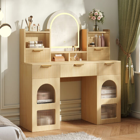 AS EASY Grande coiffeuse avec éclairage LED et miroir – table de maquillage avec 3 tiroirs, 2 vitrines et étagères, pour la chambre, couleur bois, 120 x 40 x 139,5 cm