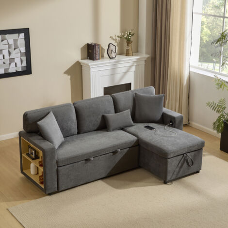 AS EASY Canapé-lit d'angle, canapé en L, canapé convertible, extensible, avec coffre de rangement et étagère intégrée, gris foncé (1/5)