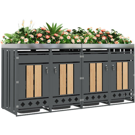 AS EASY Poubelle avec trous de ventilation en losange, compartiments de rangement pour les déchets, verrouillable, quatre portes, espace de plantation, panneau de porte à grain de bois vertical, fond (1/5)