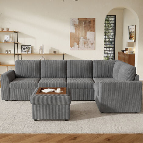 AS EASY Canapé de style moderne, canapé d'angle en velours côtelé en forme de L avec accoudoirs, 1 tabouret multifonctionnel mobile, montage facile, mousse haute densité, gris (L282 × H85 × P153 cm). (1/5)