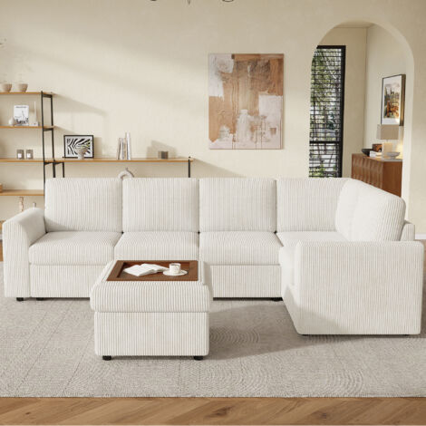 AS EASY Canapé moderne de style moderne, canapé d'angle en L en velours côtelé avec accoudoirs, 1 tabouret multifonctionnel mobile, montage facile, mousse haute densité, beige (L282 × H85 × P153 cm). (1/5)