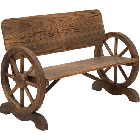 AS EASY Banc de jardin 2 places en bois massif avec accoudoirs, design inspiré des roues de chariot, mobilier de jardin, charge maximale 250 kg, style rustique, 114 x 58 x 80 cm, marron (1/5)