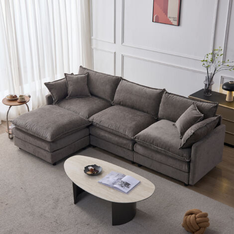 AS EASY Canapé Chenille Corner Modulaire - 3 places avec Chaiselongue & Tabouret, Canapé L confortable pour petits appartements, Salon & Lounge, Confort de siège familial respirant, Gris (1/5)