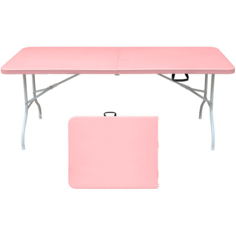 AS EASY Table pliante portable robuste de 180 cm avec poignée, table pliable multifonctionnelle pour le camping, les pique-niques et les fêtes en intérieur/extérieur, capacité de charge 135 kg (rose) (1/5)