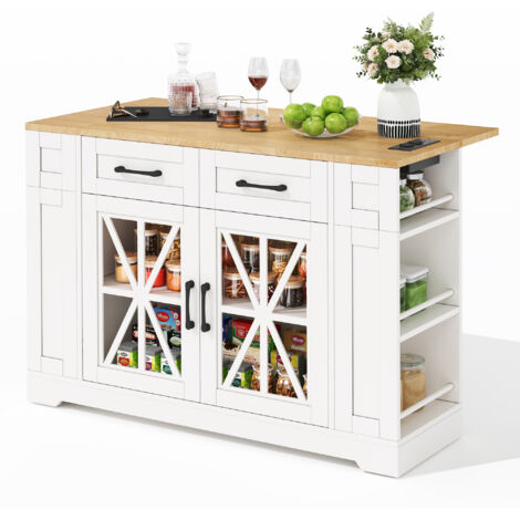 AS EASY Îlot de cuisine portable de 120 cm avec table à manger pliante, rangement ouvert, prise secteur, port USB, porte en verre, revêtement stratifié réglable, roulettes avec freins pour la cuisine, (1/5)