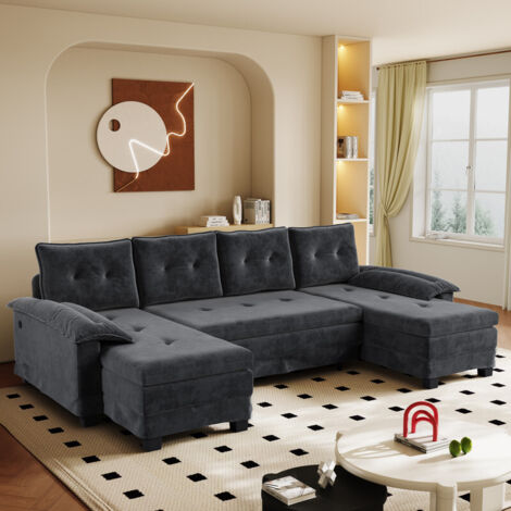 AS EASY Canapé-lit d'angle en forme de U de 278 cm, convertible avec lit gigogne, fonction de chargement USB, accoudoirs amovibles, très grand format, design modulable, canapé moderne pour salon, gris (1/5)
