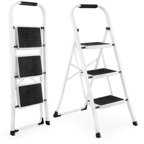 AS EASY Escabeau 3 marches, escabeau pliant léger pour adultes avec pédales antidérapantes, robuste et portable, avec rampes, capacité de charge de 150 kg, idéal pour la cuisine et la maison.