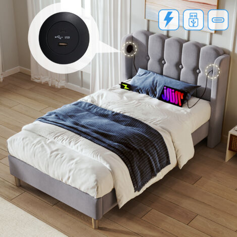 AS EASY Lit simple rembourré avec port USB Type-C, sommier à lattes, revêtement en lin gris, dimensions : 90 x 200 cm. Idéal pour chambre d'enfant ou chambre d'amis. (1/5)
