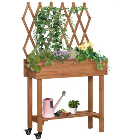 AS EASY Potager surélevé, treillis intégré, étagère de rangement, roulettes, bois massif, marron, 79 x 29 x 130 cm (1/5)