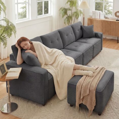 AS EASY Canapé droit 4 places en velours côtelé avec espace de rangement sous les assises et pouf indépendant. Coloris : Gris. Dimensions : L 280 x P 146 x H 85 cm. [9905] (1/5)