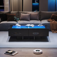 AS EASY Table basse 100 x 50 x 35 cm, table d'appoint laquée brillante, table de salon avec tiroirs, table basse avec éclairage LED, plateau en verre, noir