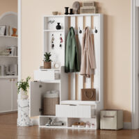 AS EASY Porte-manteau 6 en 1 (100 x 30 x 180 cm) avec 8 crochets, banc à chaussures et étagères, dispositif anti-basculement, armoire compacte avec tiroirs et placards, largeur 100 cm, meuble à chauss