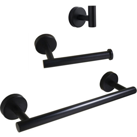 Ensemble Salle de Bain 3 Pièces Acier Inoxydable 304 40 cm - Porte-Serviettes, Crochets et Distributeur Papier Toilette - Noir (1/3)