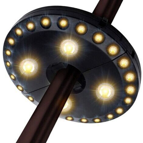 Luz para sombrilla de patio, 3 modos de brillo, 28 luces LED a 220 lux, funciona con 4 pilas AA, luz de palo para sombrillas de patio, camping, tiendas de campaña o exteriores. (1/5)
