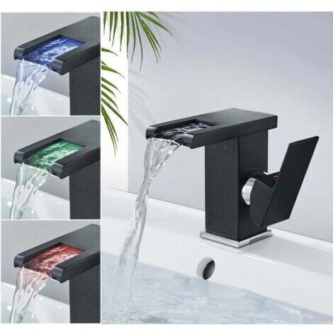 Grifo de baño de cascada de diseño moderno, grifo de lavabo negro, LED duradero, agua caliente y fría ajustable (1/5)