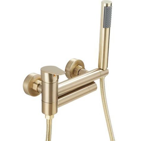 Grifo monomando de bañera de latón para montaje en pared con ducha de mano y flexo (150 cm), dorado (1/2)