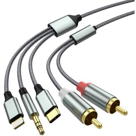 Adaptador de audio auxiliar Lightning a RCA, cable RCA a 3,5 mm, cable de audio USB C a 2 RCA (cable de audio 3 en 1) para coche, cine en casa, altavoces, etc. (2,3 m) (1/4)