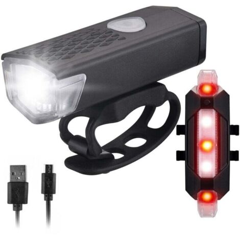 Ensemble de phares de vélo rechargeables par USB Phare de vélo et feu arrière Étanche Phare avant et arrière de vélo Double lumière avant et arrière lumineuse (Noir) (1/5)