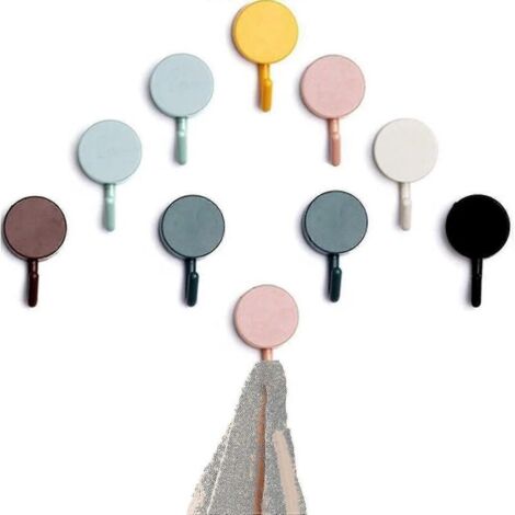 Lot de 10 crochets adhésifs colorés pour serviettes, salle de bain, toilettes, cuisine, bureau. Crochets muraux adhésifs sans fixation. (1/2)