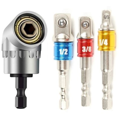 1pc Foret à Angle Droit et 3pcs Adaptateur Douille 1/2"3/8"1/4" Kit Renvoi d'angle Visseuse de 105 Degrés Magnétique Changement Rapide Perceuse Electrique Acce (1/5)