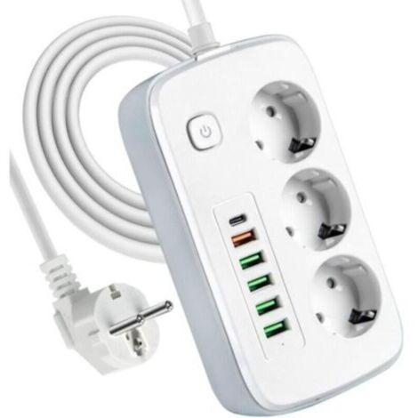 – Multiprise 3 prises avec 5 ports USB 2.4A et 1 USB-C – Rallonge 2 mètres avec interrupteur – Protection contre surtension (1/4)
