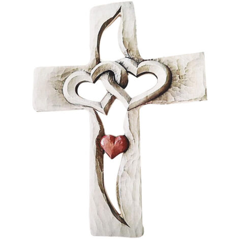 Croix en bois sculpté à plat en forme de cœur, croix en forme de cœur rouge (1/5)