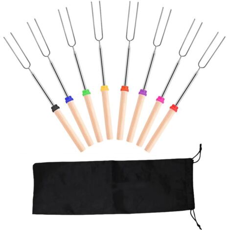 Fourchette télescopique en acier inoxydable pour barbecue, accessoires de barbecue avec manches en bois, aiguilles à griller et fourchette en forme de U, adaptés aux barbecues, au camping et aux feux  (1/5)