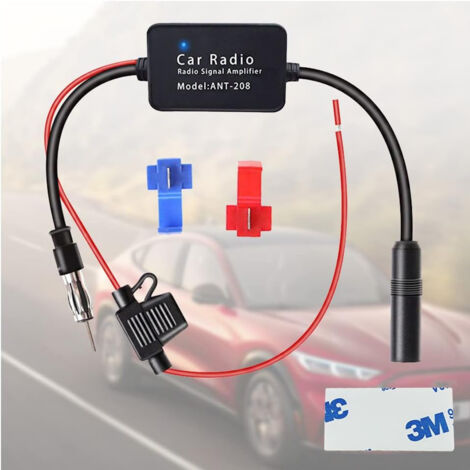 Amplificateur d'antenne radio FM pour voiture ANT-208 avec 1 ruban adhésif double face et 1 pince pour câble parallèle rouge (1/5)