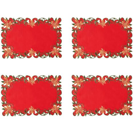 Set de table brodé ajouré en 4 pièces, orné de fleurs rouges et de feuilles vertes - 2843 (1/5)