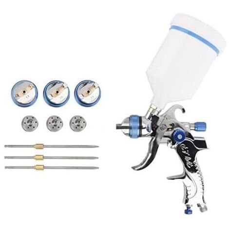 Kit pistolet à peinture HVLP 600 cm³ pour véhicules avec régulateur d'air, alimentation par gravité et 3 filetages de buse. (1/5)