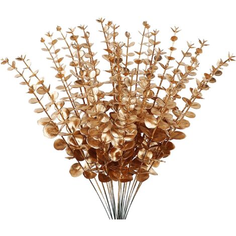 24 tiges d'eucalyptus dorées et feuilles d'eucalyptus artificielles pour branches et feuilles décoratives - conviennent aux vases, bouquets de mariée, (1/5)