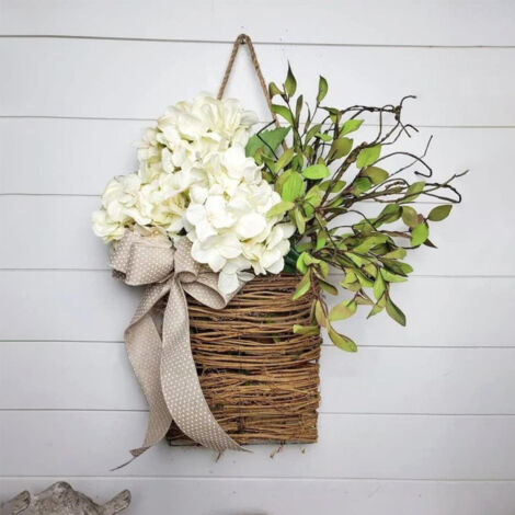 Couronne de fleurs d'hortensias printanières, panier de fleurs artificielles, décoration de porte à suspendre - convient pour une entrée, un salon ou un jardin mural. (1/5)