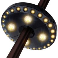 Luz para sombrilla de patio, 3 modos de brillo, 28 luces LED a 220 lux, funciona con 4 pilas AA, luz de palo para sombrillas de patio, camping, tiendas de campaña o exteriores.