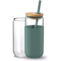 Vaso de agua de vidrio de 20 oz con funda protectora de silicona, vaso con popote y tapa de bambú (paquete de 1) (Azul Cambridge)