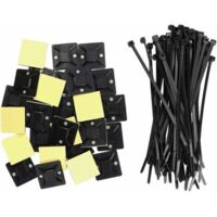 100pcs Bases d'attaches de câble auto-adhésives 25mm x 25mm Attaches de câble auto-adhésives Attaches de câble auto-adhésives Support d'attache de câble en plastique + 100pcs Attaches de câble noire,