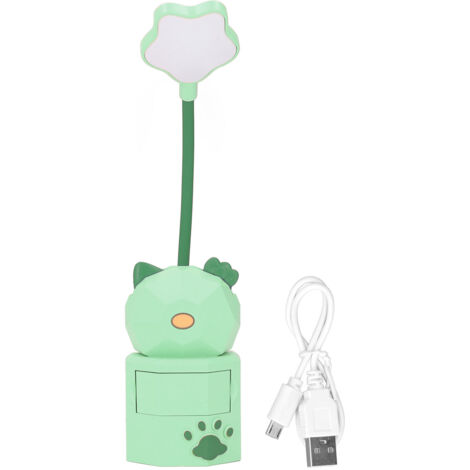 Lampe de Bureau LED avec Chargeur USB, Lumière Chaude, Design Mignon Cartoon, Protection des Yeux, Boîte de Rangement Verte