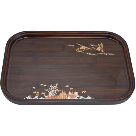 Plateau à thé en bambou japonais design simple et élégant avec finition en résine et noyer pour usage domestique, forme carrée arrondie