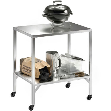 Table de préparation extérieur barbecue avec chariot roulant, plan de travail acier inoxydable 85x60x92cm argenté, chariot de cuisine mobile avec roulettes pour jardin et terrasse.