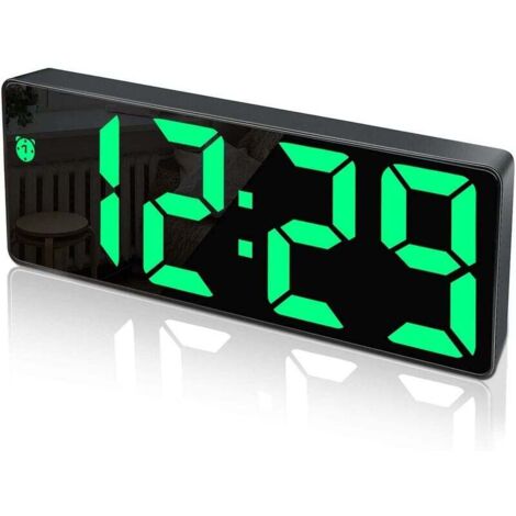 Jusch – Réveil lumineux avec grand écran LED – Fonction snooze – Luminosité réglable – Port USB pour chargement – Design miroir moderne